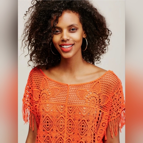 FREE PEOPLE CORAL Orange GEORGIA CROCHET HOBO FRINGE PONCHO TOP O/S Bohemian - Picture 4 of 7